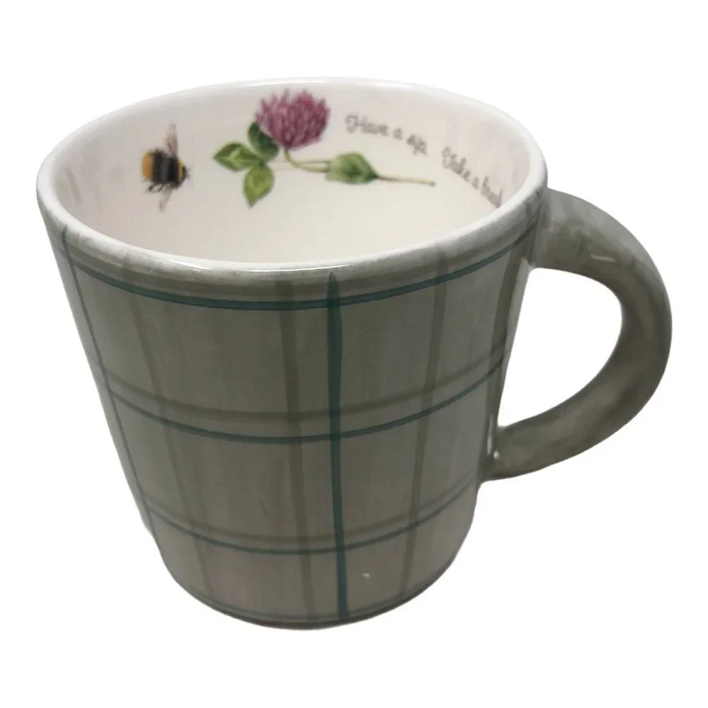 Hallmark by Marjolein Bastin Coffee Tea Mug Cup  Green Plaid‎ Relax Break